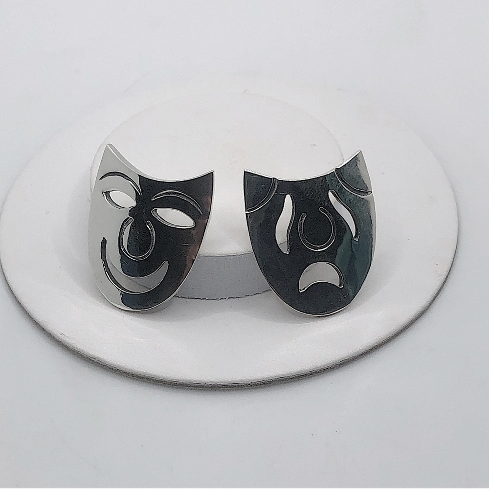 Vtg Taxco Sterling Comedy Tragedy Theatre Theatrical Mask Earrings 1.1” / 14g